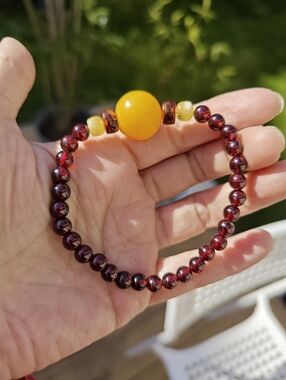 166 Handmade Designer Bracelet - Natural Red Garnet & Large Butterscotch Amber